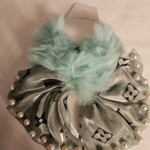 Faux Fur Scrunchie  With  Satin Bow Hair Accessory
